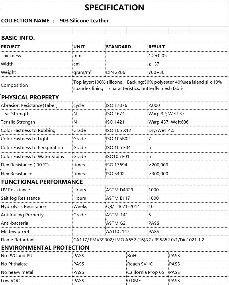 specification of silicone leather